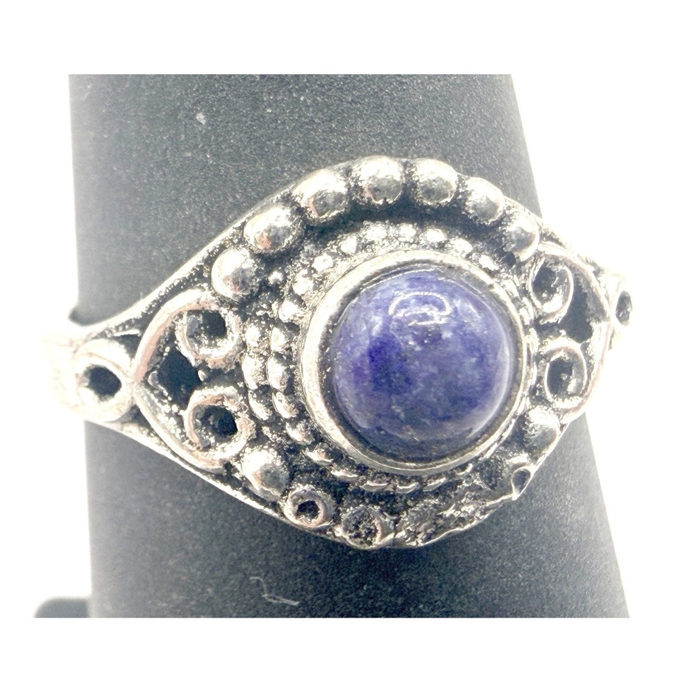 Blue Glass Cabochon‎ Statement Ring Silver Tone Size 7 Boho Ornate